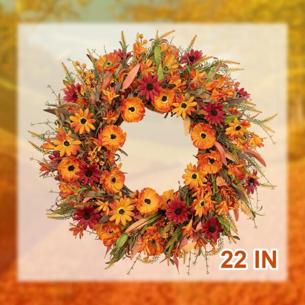8 (5) J'FLORU Artificial Fall Wreath 22 Inch Autumn Wreaths for Front Door Orange Daisy Wreath with Wildflowers Berries for Indoor Outdoor Wall Farmhouse Thanksgiving Day Harvest Festival Celebration