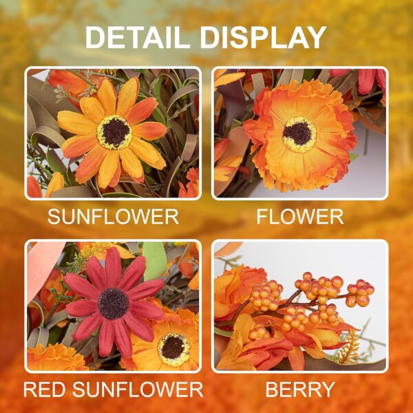 8 (6) J'FLORU Artificial Fall Wreath 22 Inch Autumn Wreaths for Front Door Orange Daisy Wreath with Wildflowers Berries for Indoor Outdoor Wall Farmhouse Thanksgiving Day Harvest Festival Celebration