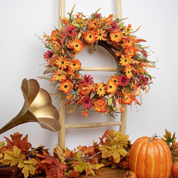 8 (7) J'FLORU Artificial Fall Wreath 22 Inch Autumn Wreaths for Front Door Orange Daisy Wreath with Wildflowers Berries for Indoor Outdoor Wall Farmhouse Thanksgiving Day Harvest Festival Celebration