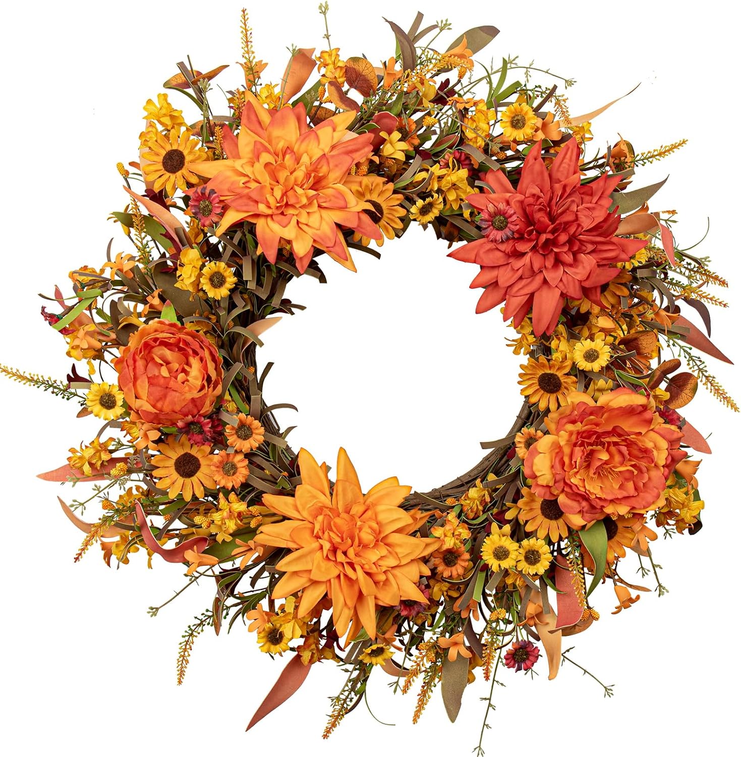 9 (1) J'FLORU 22 Inch Artificial Fall Wreath Autumn Wreaths for Front Door Thanksgiving Wreath with Peony Dahlia Daisy Flowers for Thanksgiving Day Harvest Festival Wall Porch Indoor Outdoor