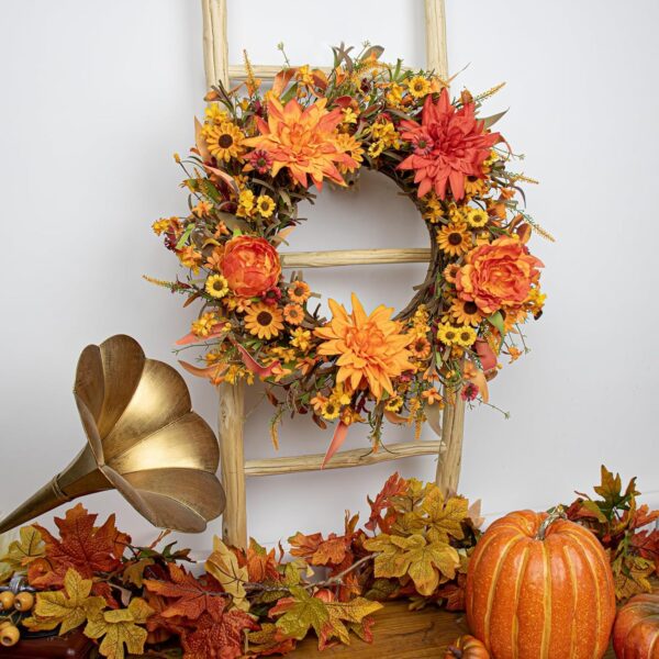 9 (2) J'FLORU 22 Inch Artificial Fall Wreath Autumn Wreaths for Front Door Thanksgiving Wreath with Peony Dahlia Daisy Flowers for Thanksgiving Day Harvest Festival Wall Porch Indoor Outdoor