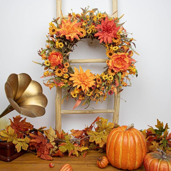 9 (3) J'FLORU 22 Inch Artificial Fall Wreath Autumn Wreaths for Front Door Thanksgiving Wreath with Peony Dahlia Daisy Flowers for Thanksgiving Day Harvest Festival Wall Porch Indoor Outdoor