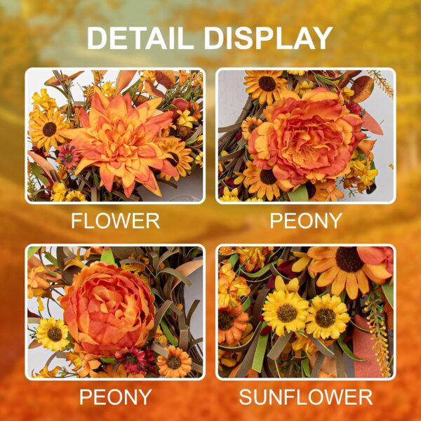 9 (4) J'FLORU 22 Inch Artificial Fall Wreath Autumn Wreaths for Front Door Thanksgiving Wreath with Peony Dahlia Daisy Flowers for Thanksgiving Day Harvest Festival Wall Porch Indoor Outdoor