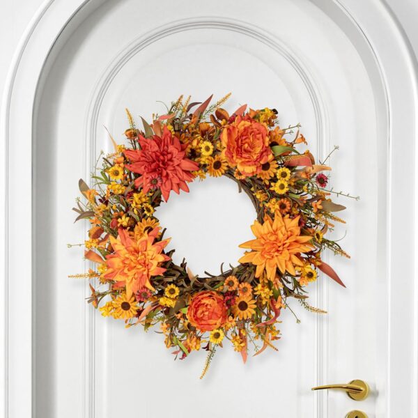 9 (5) J'FLORU 22 Inch Artificial Fall Wreath Autumn Wreaths for Front Door Thanksgiving Wreath with Peony Dahlia Daisy Flowers for Thanksgiving Day Harvest Festival Wall Porch Indoor Outdoor