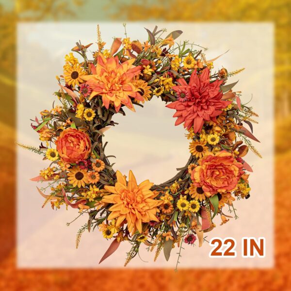 9 (6) J'FLORU 22 Inch Artificial Fall Wreath Autumn Wreaths for Front Door Thanksgiving Wreath with Peony Dahlia Daisy Flowers for Thanksgiving Day Harvest Festival Wall Porch Indoor Outdoor